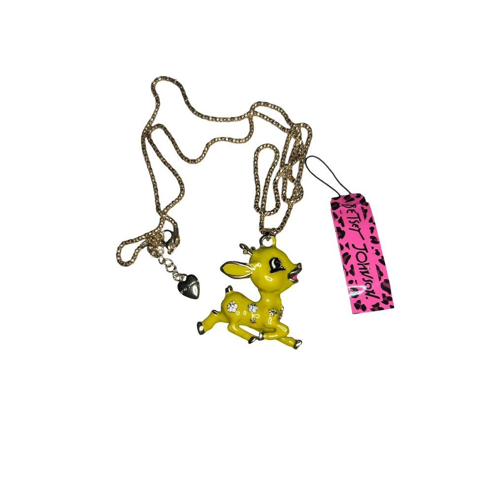 Betsey Johnson Yellow Enamel Deer Fawn Crystal Flower Pendant Necklace Gold Tone